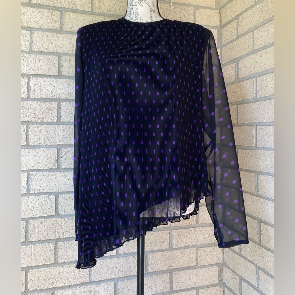 Micro Pleated Black Long Sleeve Asymmetrical Lettuce Hem Purple Polka Dot Blouse